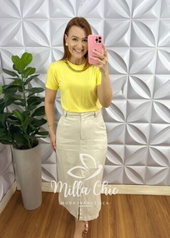 Saia Linhão Reta Com Fenda Frontal Camélia - Areia - Milla Chic