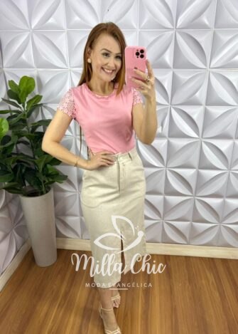 Saia Linhão Reta Com Fenda Frontal Camélia - Areia - Milla Chic