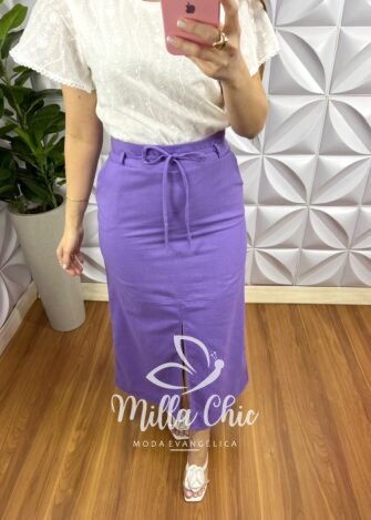 Saia Linho Com Fenda Frontal e Fita Cinto Mídi Valeria - Lavanda - Milla Chic