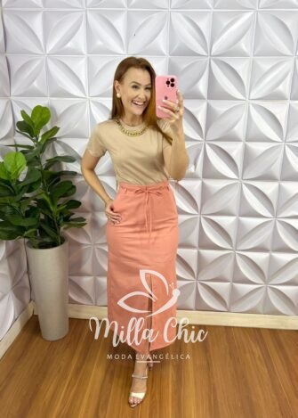 Saia Linho Com Fenda Frontal e Fita Cinto Mídi Valeria - Pêssego - Milla Chic
