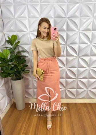 Saia Linho Com Fenda Frontal e Fita Cinto Mídi Valeria - Pêssego - Milla Chic