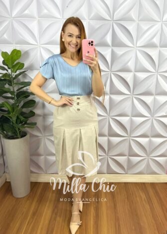 Milla Chic - millachic com br saia linho com pregas com bolso e botao ligia areia copia Saia Linho Com Pregas Com Bolso E Botão Ligia - Areia - Milla Chic