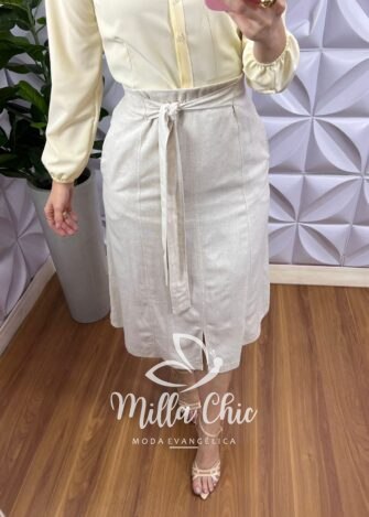 Saia Linho Evase Com Lastex Nas Costas Cleide - Areia - Milla Chic