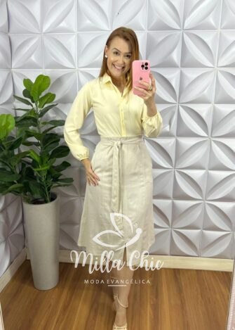 Saia Linho Evase Com Lastex Nas Costas Cleide - Areia - Milla Chic