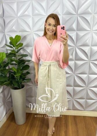 Saia Linho Evase Com Lastex Nas Costas Cleide - Areia - Milla Chic