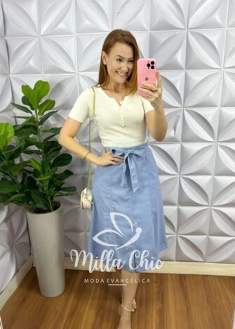 Saia Linho Evase Com Lastex Nas Costas Cleide - Baby Blue - Milla Chic