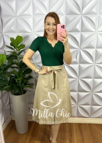 Saia Linho Evase Com Lastex Nas Costas Cleide - Nude - Milla Chic