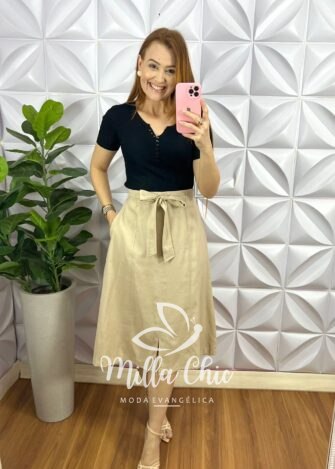 Milla Chic - millachic com br saia linho evase com lastex nas costas cleide nude Saia Linho Evase Com Lastex Nas Costas Cleide - Nude - Milla Chic
