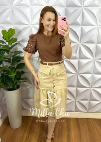 Saia Sarja Com Elastano Com Botões Funcionais Dourado Lenir - Areia - Milla Chic