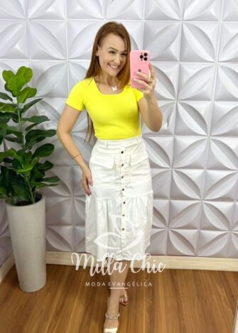 Saia Sarja Com Elastano Com Botões Funcionais Dourado Lenir - Branca - Milla Chic