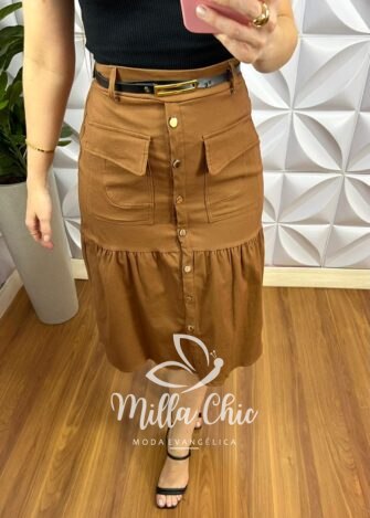 Saia Sarja Com Elastano Com Botões Funcionais Dourado Lenir - Marrom - Milla Chic