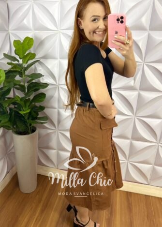 Milla Chic - millachic com br saia sarja com elastano com botoes funcionais dourado lenir marrom Saia Sarja Com Elastano Com Botões Funcionais Dourado Lenir - Marrom - Milla Chic