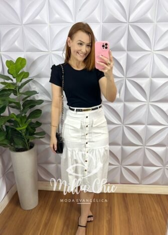 Milla Chic - millachic com br saia sarja com elastano com botoes funcionais dourado lenir marrom copia 1 Saia Sarja Com Elastano Com Botões Funcionais Dourado Lenir - Branca - Milla Chic
