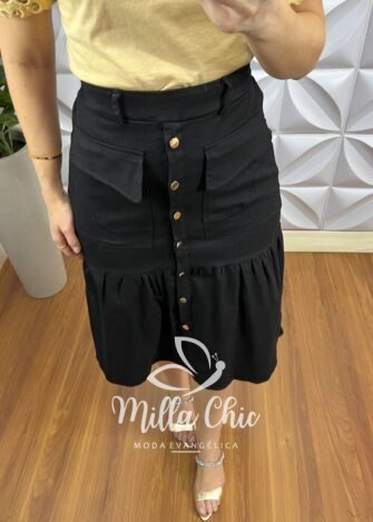 Saia Sarja Com Elastano Com Botões Funcionais Dourado Lenir - Preta - Milla Chic
