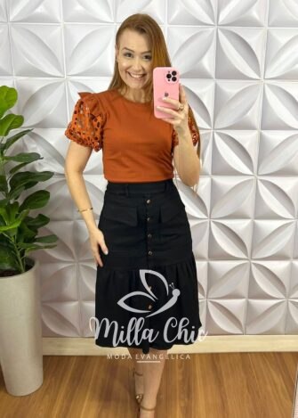 Saia Sarja Com Elastano Com Botões Funcionais Dourado Lenir - Preta - Milla Chic