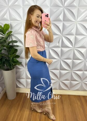 Saia Sarja Com Elastano Mídi Fenda Frontal Cristina - Azul - Milla Chic