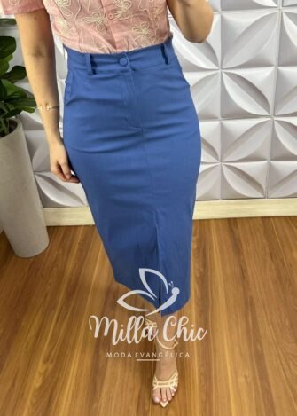 Saia Sarja Com Elastano Mídi Fenda Frontal Cristina - Azul - Milla Chic