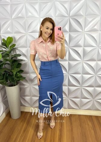 Saia Sarja Com Elastano Mídi Fenda Frontal Cristina - Azul - Milla Chic