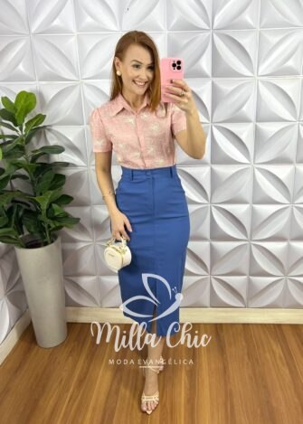 Saia Sarja Com Elastano Mídi Fenda Frontal Cristina - Azul - Milla Chic