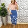 Saia Sarja Com Elastano Mídi Fenda Frontal Cristina - Azul - Milla Chic