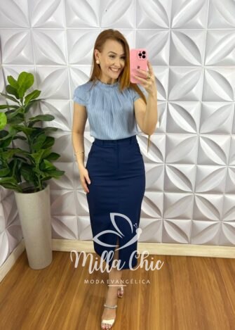 Saia Sarja Com Elastano Mídi Fenda Frontal Cristina - Azul Marinho - Milla Chic