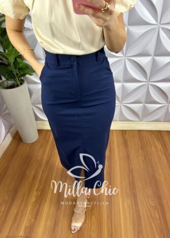 Saia Sarja Com Elastano Mídi Fenda Frontal Cristina - Azul Marinho - Milla Chic