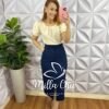 Saia Sarja Com Elastano Mídi Fenda Frontal Cristina - Azul Marinho - Milla Chic