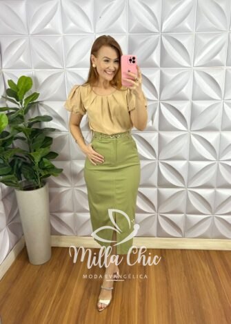 Saia Sarja Com Elastano Mídi Fenda Frontal Cristina - Pistache - Milla Chic