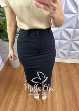 Saia Sarja Com Elastano Mídi Fenda Frontal Cristina - Preta - Milla Chic