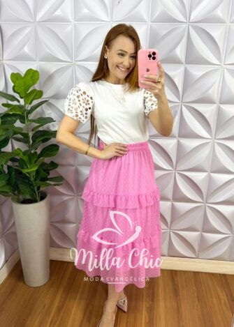 Saia Tule Bolinha Mídi com Lastex na Cintura Amora - Rosa - Milla Chic