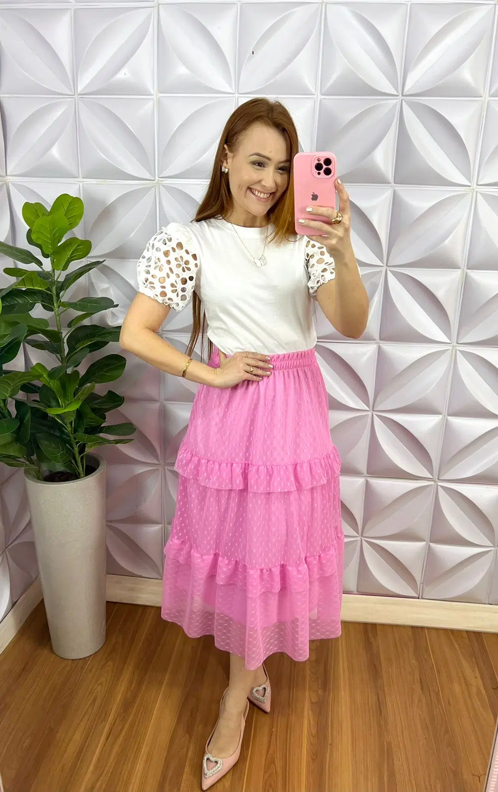 Saia Tule Bolinha Mídi com Lastex na Cintura Amora - Rosa - Milla Chic