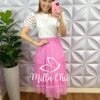 Saia Tule Bolinha Mídi com Lastex na Cintura Amora - Rosa - Milla Chic