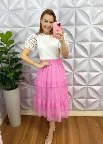 Saia Tule Bolinha Mídi com Lastex na Cintura Amora - Rosa - Milla Chic