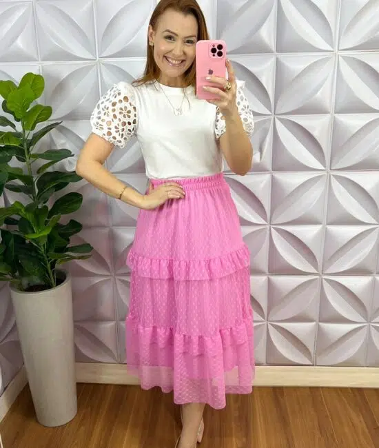 Saia Tule Bolinha Mídi com Lastex na Cintura Amora - Rosa - Milla Chic