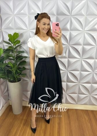 Saia Tule Bolinha Mídi Toda Forrada Sara - Rosa - Milla Chic