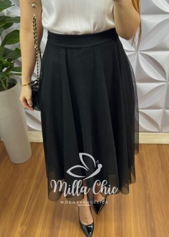 Saia Tule Bolinha Mídi Toda Forrada Sara - Rosa - Milla Chic