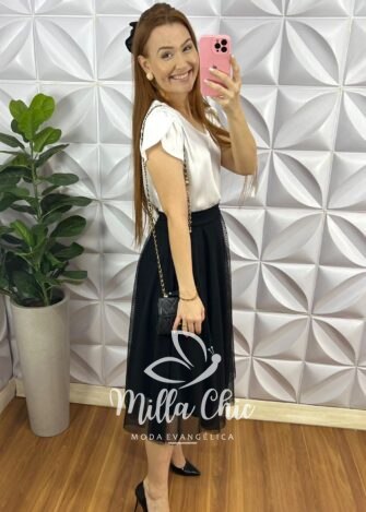 Saia Tule Bolinha Mídi Toda Forrada Sara - Rosa - Milla Chic