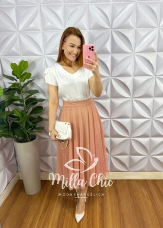 Saia Tule Bolinha Mídi Toda Forrada Sara - Rosa - Milla Chic