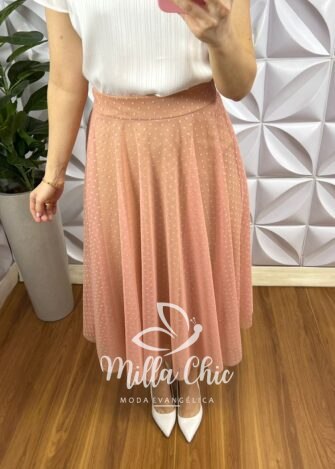Saia Tule Bolinha Mídi Toda Forrada Sara - Rosa - Milla Chic