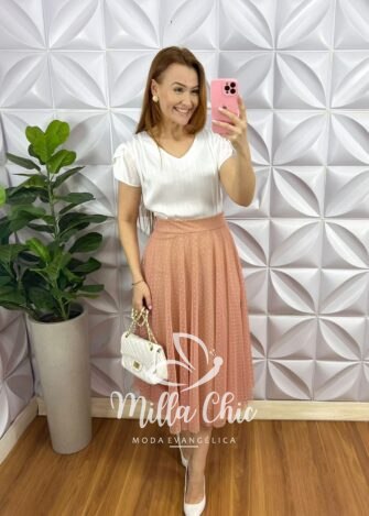 Saia Tule Bolinha Mídi Toda Forrada Sara - Rosa - Milla Chic