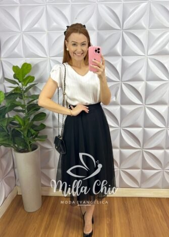 Saia Tule Bolinha Mídi Toda Forrada Sara - Rosa - Milla Chic