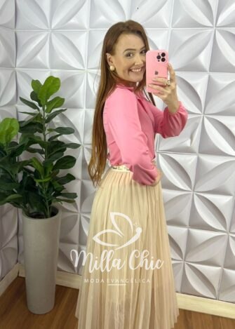 Saia Tule Midi Estilo Plissado Toda Forrada Sophia - Areia - Milla Chic