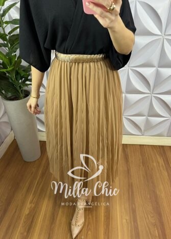 Saia Tule Midi Estilo Plissado Toda Forrada Sophia - Nude - Milla Chic