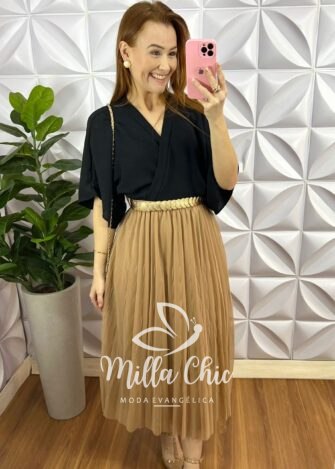 Saia Tule Midi Estilo Plissado Toda Forrada Sophia - Nude - Milla Chic