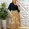 Saia Tule Midi Estilo Plissado Toda Forrada Sophia - Nude - Milla Chic
