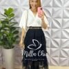 Saia Tule Poá Mídi Com Babadinhos Emily- Preta - Milla Chic