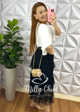 Saia Tule Poá Mídi Com Babadinhos Emily- Preta - Milla Chic