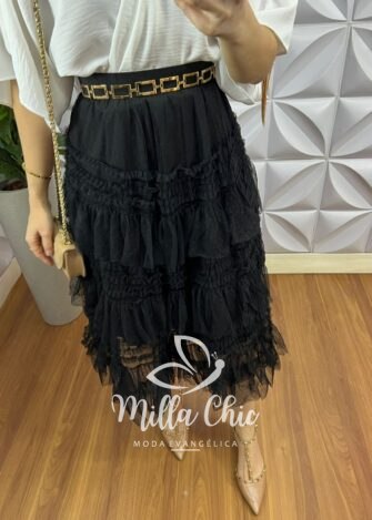 Saia Tule Poá Mídi Com Babadinhos Emily- Preta - Milla Chic