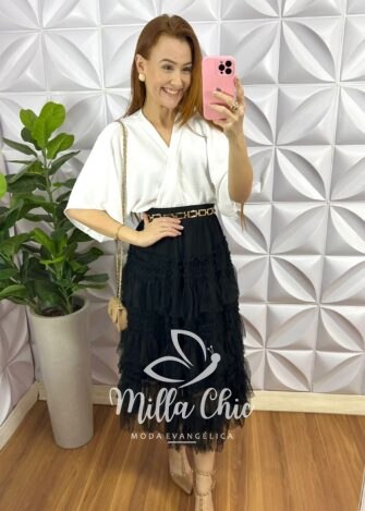 Saia Tule Poá Mídi Com Babadinhos Emily- Preta - Milla Chic