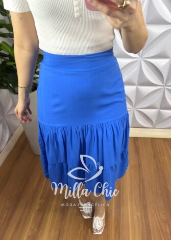 Saia Viscolinho Forrada Três Marias Marisa - Azul - Milla Chic